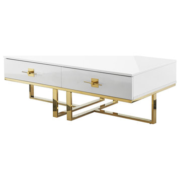 Moku Coffee Table, 2 Drawers, White and Gold