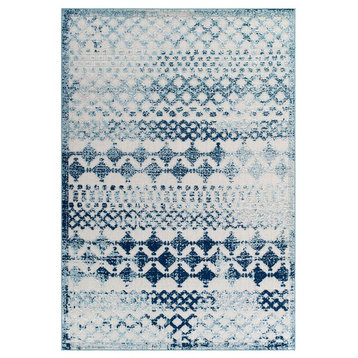Modern Indoor/Outdoor Area Rug, Distressed, Blue Ivory White