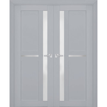Interior French Double Doors 48 x 96, Veregio 7288 Grey & Frosted Glass