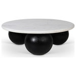 Meridian Furniture - Treviso Marble Coffee Table, White, Black Finish - Revolutionize your space with the beige marble Treviso coffee table, presenting a luxurious carrara white genuine marble top and solid mango wood black finished bases. This table combines elegance with robustness to ensure your space radiates sophistication and charm. The three round ball-shaped bases offer a unique Art Deco design that captures attention, making this coffee table the perfect centerpiece for any living room.