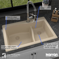 Karran Drop-In Quartz 33" 1-Hole 60/40 Double Bowl Kitchen Sink, Bisque