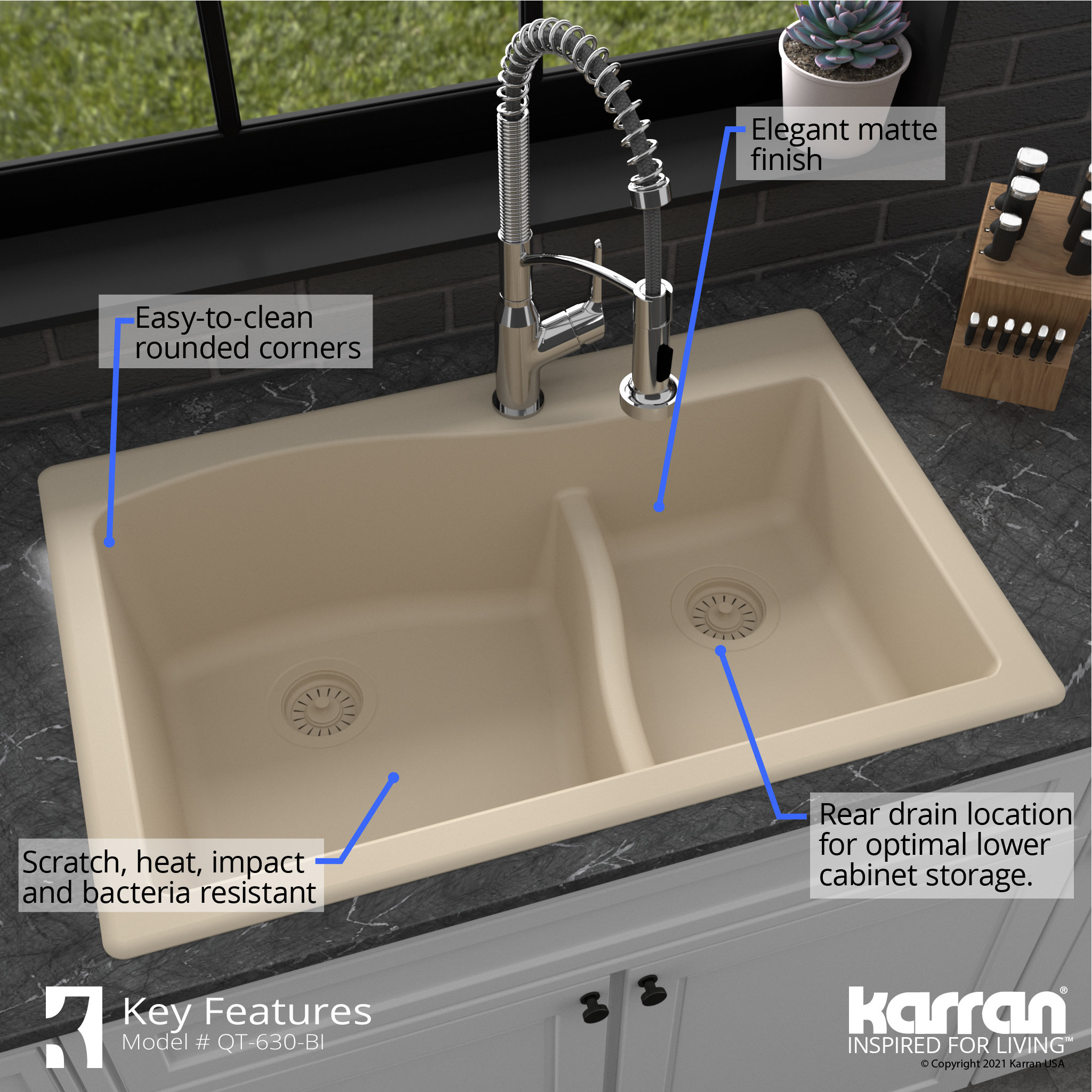 Karran Drop-In Quartz 33" 1-Hole 60/40 Double Bowl Kitchen Sink, Bisque