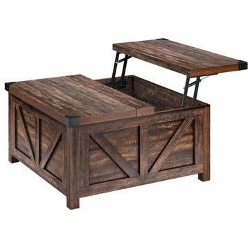 Farmhouse Square Coffee Table, Split Lift Up Top & Side Charging Station, Brown