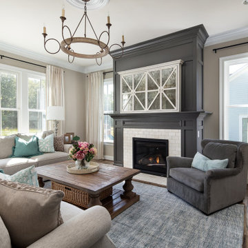 Mirrored TV Concealer on Gray Fireplace Family Room