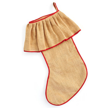 Rustic Jute Christmas Stocking With Ruffle and Red Piping