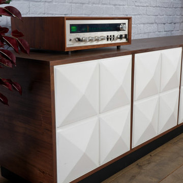 Modern Credenza with white doors. Walnut mid century modern console. Modern side