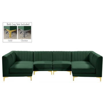 Alina Velvet Upholstered 6-Piece U-Shaped Modular Sectional, Green