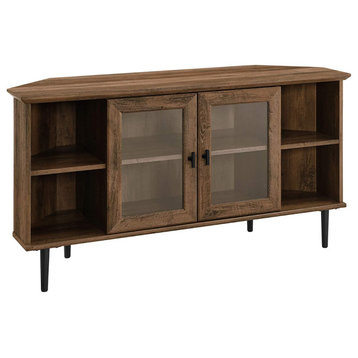 Modern Corner TV Stand, Glass Cabinet Doors & Side Open Shelves, Rustic Oak