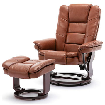 Modern Recliner Chair & Ottoman, Mahogany Wood Base & PU Leather Seat, Tan