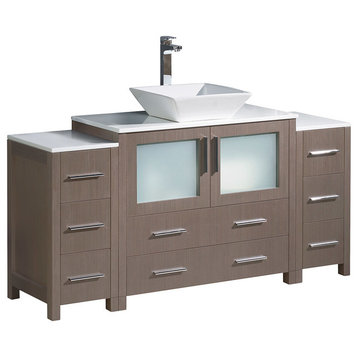 Torino 60" Gray Oak Modern Bathroom Cabinets With Top and Vessel Sink