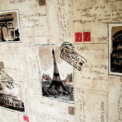 Paris fabric Eiffel Tower document script postcards stamps - Fabric