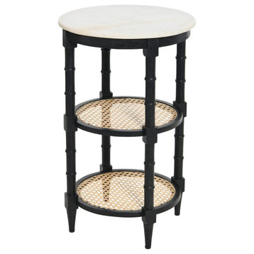 Transitional End Table, Round Design With Faux Marble Top & Rattan Tiers, Black