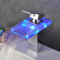 Contemporary Single Handle Waterfall LED Bathroom Sink Faucet - T0818F - Bathroom Sink Faucets