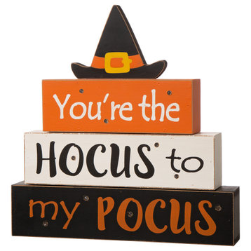 11.54"H Halloween Wooden Lighted Witch/Word Block Table Decor