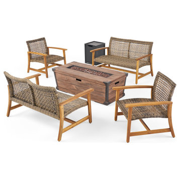 Avery Outdoor 4 Piece Wood and Wicker Chat Set With Fire Pit, Natural Finish/Gra