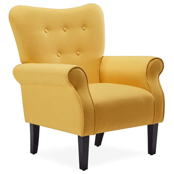 Modern Accent Chair Roll Arm Linen Living Room Bedroom Wood Leg (Citrine Yellow)
