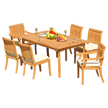 7-Piece Teak Dining Set, 94" Ext Rect, 6 Arbor Stacking Arm/Armless Chairs