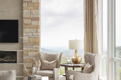 Inspiration for a large contemporary formal and open concept dark wood floor and brown floor living room remodel in Austin with beige walls, a ribbon fireplace, a tile fireplace and a wall-mounted tv