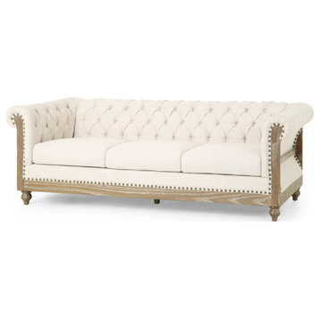 Chesterfield Sofa, Rustic Wood Frame & Tufted Backrest & Rolled Arms, Beige