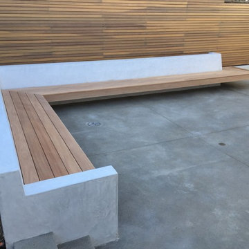 Bench seat, redwood fencing and gates
