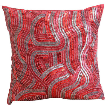 Red Art Silk 22"x22" Sequins And Beaded Pillow Cases, Red Love