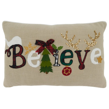 Poly Filled Throw Pillow With Believe Design, 14"x22", Natural