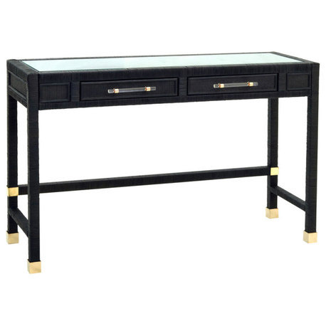 Charcoal Rattan Desk, Glass Top