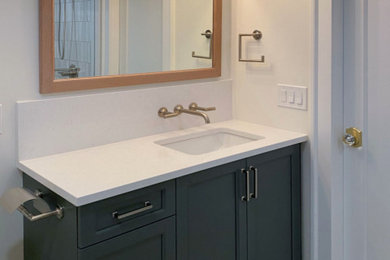 Inspiration for a transitional master white tile and ceramic tile porcelain tile, white floor and single-sink corner shower remodel in Boston with green cabinets, quartz countertops, a hinged shower door and white countertops