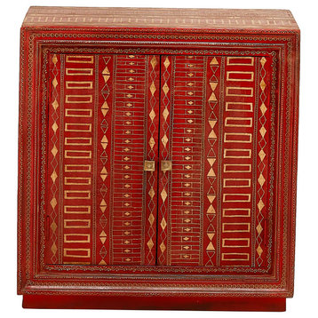 32" Distressed Red and Gold Hand Painted Pattern 2 Door Accent Cabinet Arata