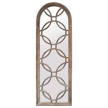 Benzara BM226809 Arched Top Wood Encased Floor Mirror Ring Design, Brown