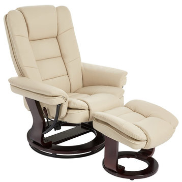 Modern Recliner With Footstool, Comfortable Bonded Leather Upholstery, Vanilla