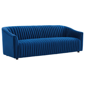 Elegant Sofa, Channeled Velvet Seat With Curved Back & Sloped Arms, Navy