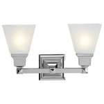 Livex Lighting - Mission Bath Light, Chrome - The Mission collection has clean lines with geometric forms. This two light bath fixture with etched opal glass is finished in polished chrome. Square bar style arms elevate the glass.