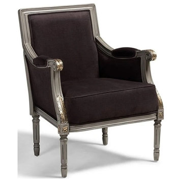 French Country Armchair, Wooden Frame With Goldleaf Details, Brown Velvet Seat