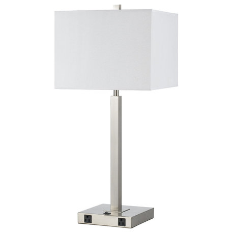 60W Metal Lamp with Two Outlets, Brushed Steel Finish, White