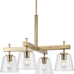 Progress Lighting - Saffert 4 Light Chandelier, Vintage Brass - Embrace modern urban style with the Saffert chandelier. Clear glass shades punctuate a stoic, beam-style frame. Substantial scale and a bold form make a statement in dining rooms, kitchens and bar areas. Saffert is the perfect choice for new traditional, industrial and luxe interiors.