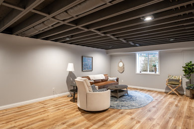Modernes Untergeschoss ohne Kamin mit grauer Wandfarbe, Vinylboden und freigelegten Dachbalken in Sonstige