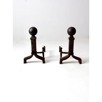 Consigned, Antique Wrought Iron Andirons Pair