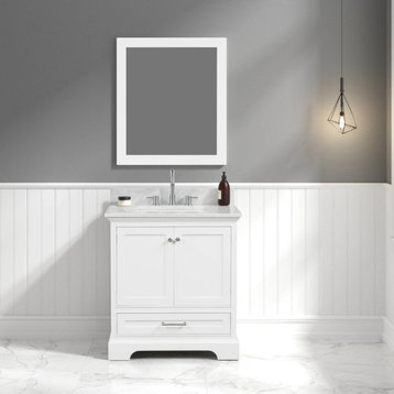Bath Vanity, Marble Top, White, 30'' With Sink, Mirror
