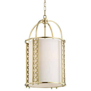 Infinity 4-Light Small Pendant, Aged Brass Finish, Off White Linen Shade