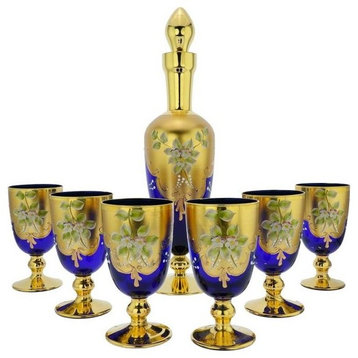 GlassOfVenice Murano Glass Decanter Set With Six Wine Glasses 24K Gold Leaf - Bl