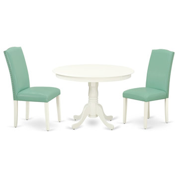 3-Piece Round 42" Dining Table/Two Parson Chair-White Leg, Pond