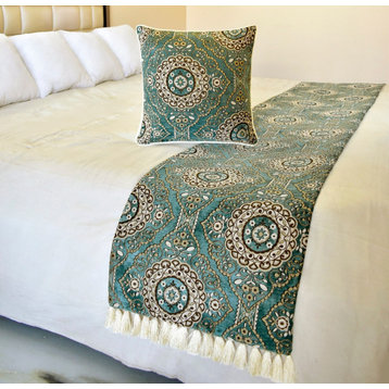 Decorative Blue Velvet Full 68"x18" Bed Runner, Art Deco, Floral Ahmet