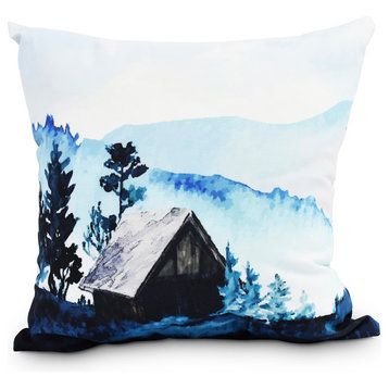 Cabin in the Woods Blue Holiday Print Decorative Outdoor Throw Pillow, 20"