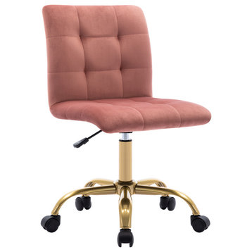 Square Tufted Desk Rolling Chair, Pink-Velvet