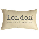 Pillow Decor Ltd. - Pillow Decor - London Coordinates 12 x 20 Throw Pillow - London and its geographic coordinates are printed across this throw pillow in an old typewriter typeset. The gray-taupe font contrasts nicely against the natural cream linen fabric giving the pillow a beautiful vintage look and feel. The London Coordinates Pillow is a perfect size for a stand alone chair in a den, office, or living room or would make a nice finishing touch on a bed or window seat.