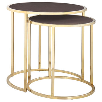 Set of 2 Nesting Side Table, Golden Metal Base With Round PU Leather Top, Brown