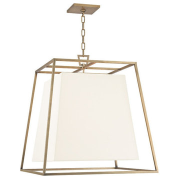 Kyle, Four Light Chandelier, Aged Brass Finish, White Faux Silk Shade