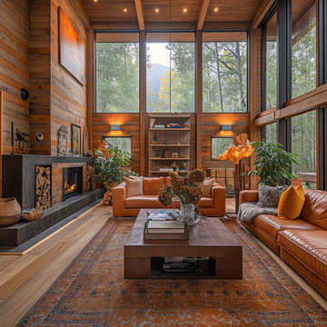 A Cabin Living Room with Forest Panorama