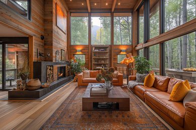 Inspiration for a large rustic open concept light wood floor, brown floor, wood ceiling and wood wall living room remodel in Las Vegas with brown walls, a standard fireplace and a wood fireplace surround